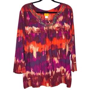 Ruby Rd. multicolor scoop neck long sleeve top w/embellishments Women’s 2X | ab7